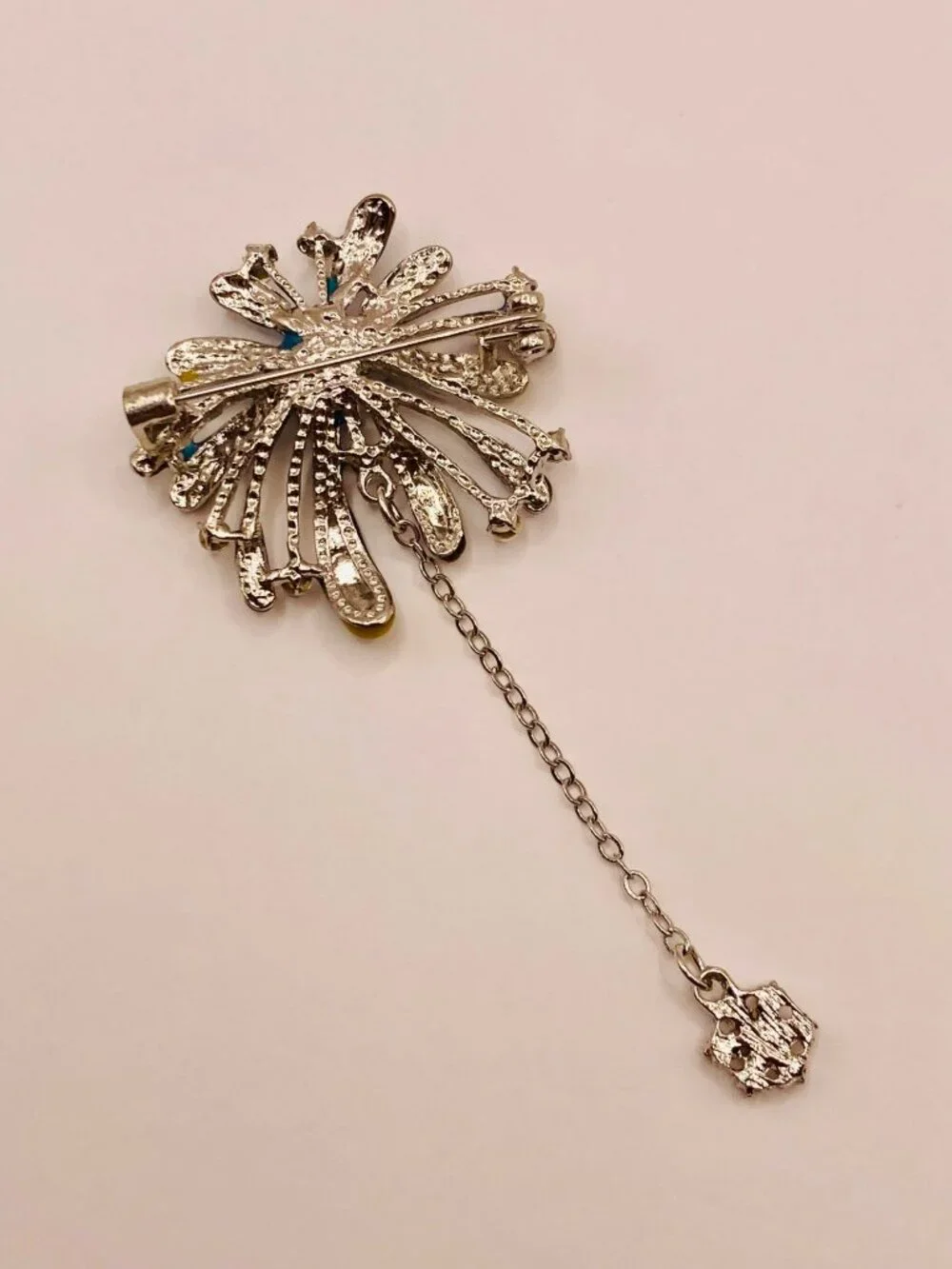 Colorful Flower or Firework Brooch Rhinestones & Dangling Charm Blue Purple -36B